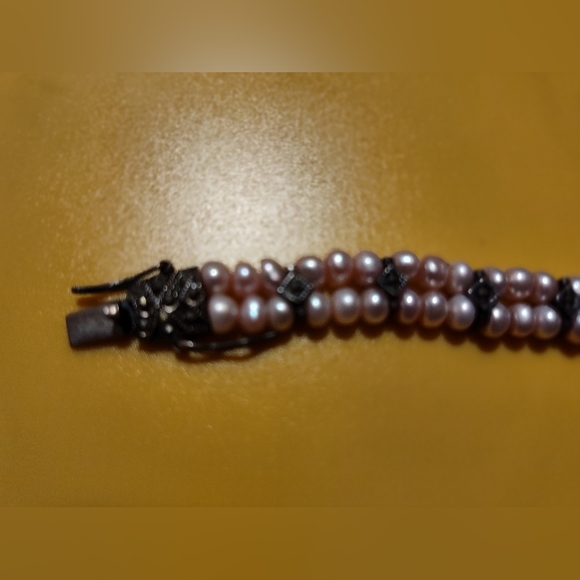 Vintage 925 double stranded pink pearl and marcasite bracelet - Picture 6 of 9